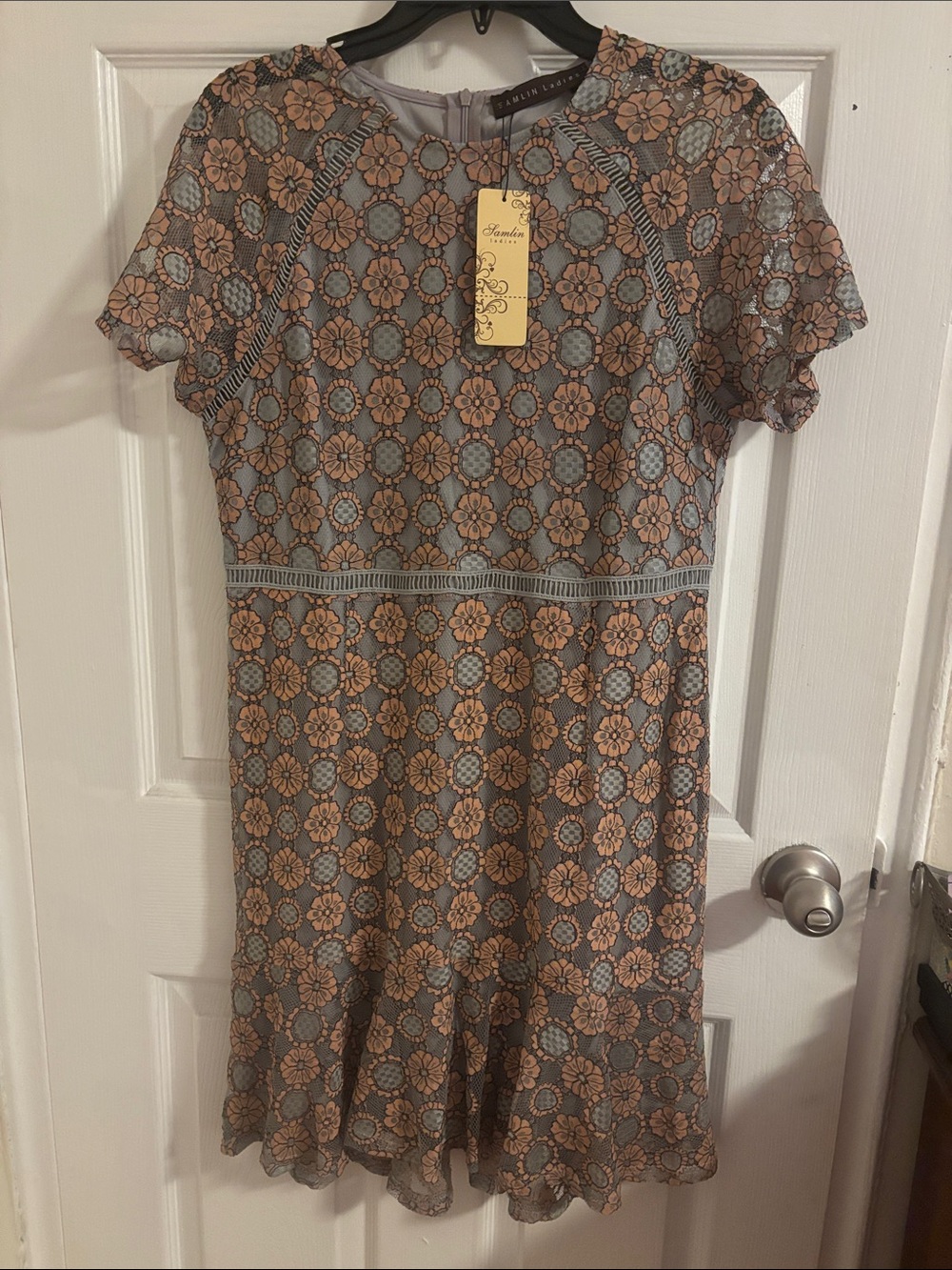 Floral Lace A-Line Dress in Taupe and Gray